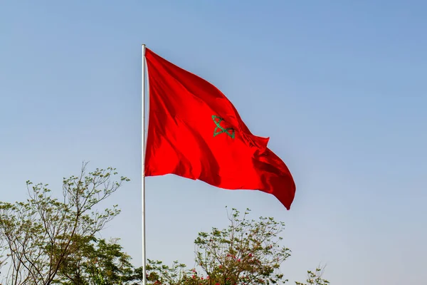 Odizolowana Marokańska Flaga Zieloną Gwiazdą Machającą Błękitnym Niebie — Zdjęcie stockowe