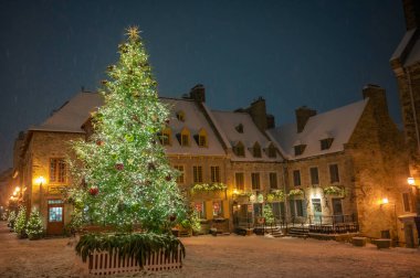 Karlı bir gecede Place Royale 'de Noel ağacı ve kış tatili süslemeleri, Kanada' nın Quebec şehrinin aşağısındaki Old Quebec kasabasında. Fotoğraf Aralık 2022 'de gece yarısı yürüyüşü sırasında çekildi..