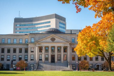 Ottawa, Ontario, Kanada - 19 Ekim 2024: Tabaret Salonu önünde oturan öğrenci, Ottawa Üniversitesi, Desmarais Binası, Telfer Yönetim Okulu, güzel sonbahar günü, renkli sonbahar yeşilliği