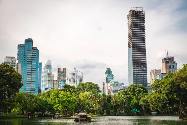 Cityscape of Lumpini Park with skyscrapers, lake and green trees at daytime. Bangkok, Thailand.