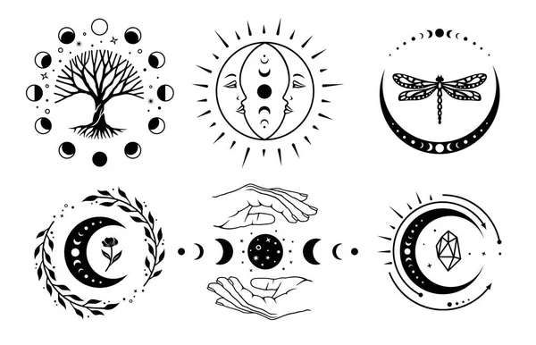 月亮相貌 天上的神迹 一套月牙形标志 Boho月球的设计 神秘矢量图解 — 图库矢量图片