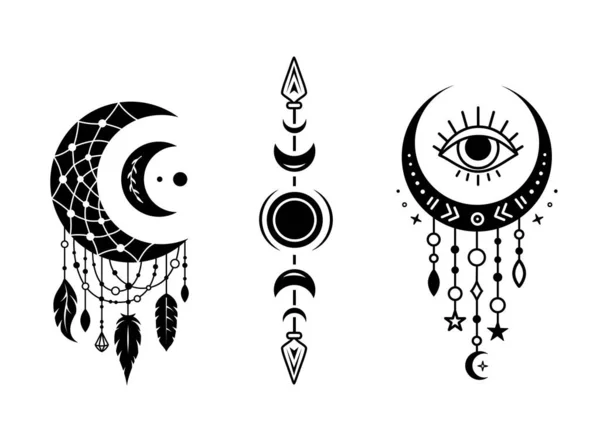 ムーンフェイズシルエットのデザイン 天体の魔法のサイン 三日月のシンボルのセット ブーブー月のデザイン 神秘的なベクトル図 ロイヤリティフリーのストックイラスト