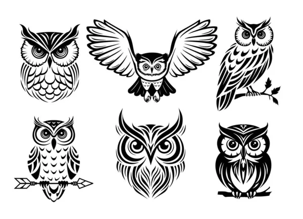Ensemble Silhouettes Hiboux Panneau Oiseau Sauvage Emblème Vectoriel Graphiques Stylisés Vecteur En Vente