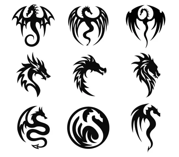 Set Von Drachensilhouetten Schwarz Weiß Illustration Stilisiertes Symbol Zeichen Logo lizenzfreie Stockvektoren