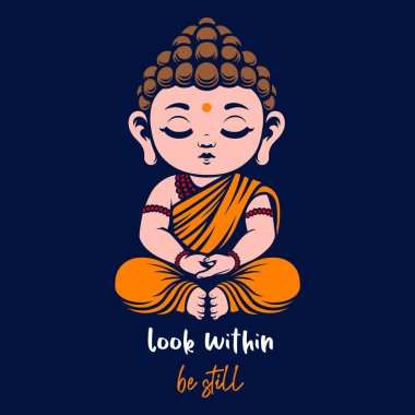 Bebek Buda nilüfer pozisyonunda oturup meditasyon yapıyor. Gözleri kapalı ve alıntı yapan sevimli Budist rahip çocuk. Vektör illüstrasyonu.