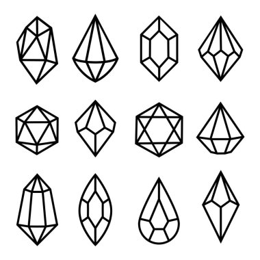 Farklı şekillerde kristaller. Vektör doğrusal çizim. Basit değerli taşlar ana hatları. Grafik sembol, logo, kristal simge.