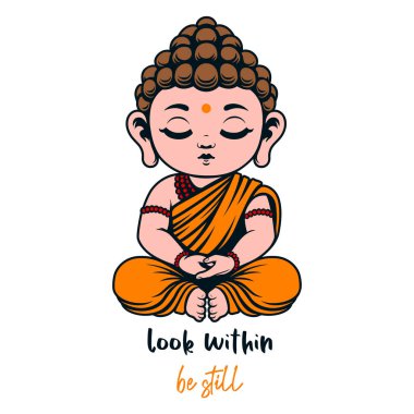 Nilüfer pozisyonunda oturmuş meditasyon yapan sevimli Budist keşiş. Çocuk Buda gözleri kapalı ve alıntı yapıyor. Vektör illüstrasyonu.