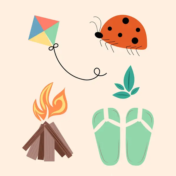 Yaz vektörü kamp ateşi ve uçurtmayla ayarlandı