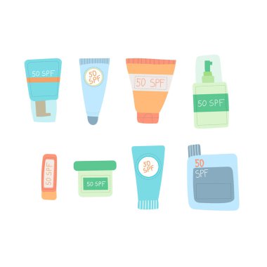 Güneş kremi seti. Güneş kremi tüpleri ve şişeleri
