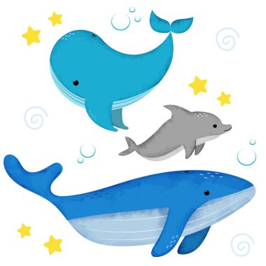 Bir dizi karikatür okyanus hayvanı. İki balina ve yunus. Çocuk kırtasiyesi veya çocuk kitapları için kullanılabilir..