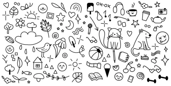 Bir dizi karalama. El çizimleri. Mermi günlüğü veya boyama kitabı etiketleri.