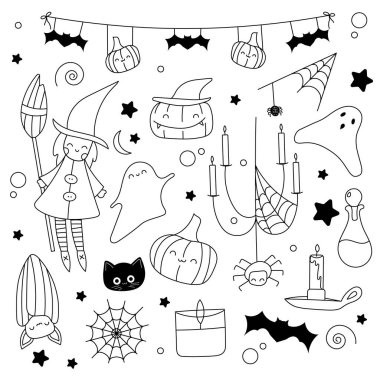 Cadılar Bayramı unsurları, basit karalama unsurları. Renk kitabı ve çıkartmalar için kullanılabilir.