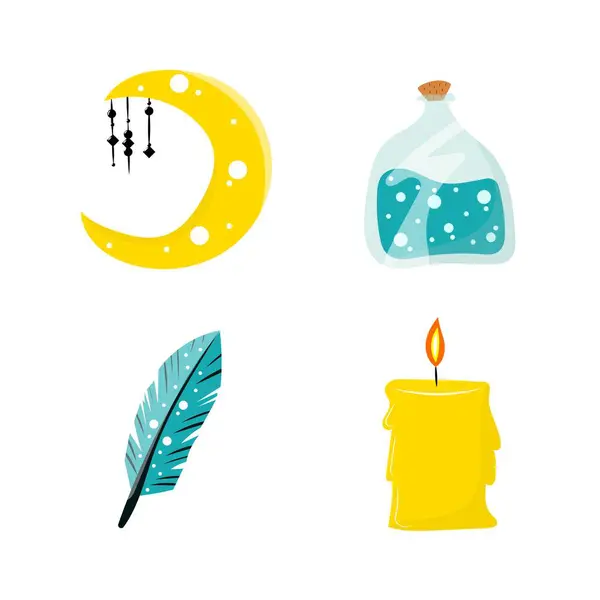 Cadılar Bayramı elementleri. Zehirli bir şişe, mum, ay ve tüy.