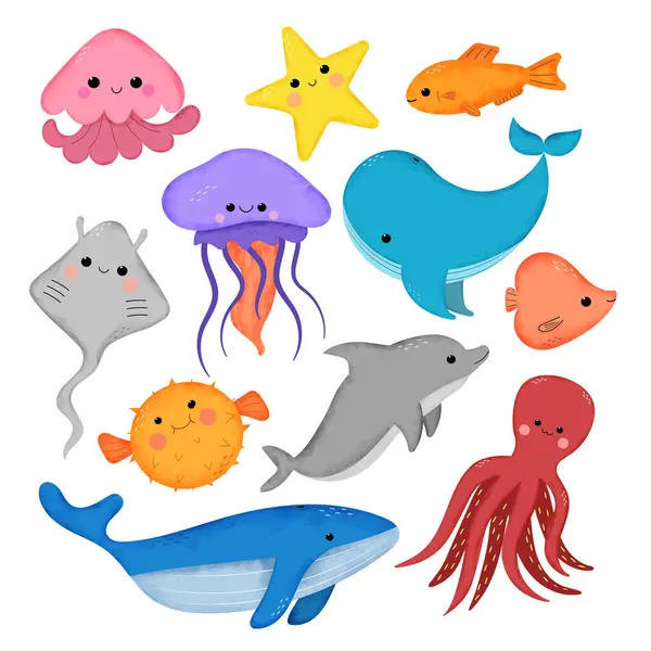 El yapımı okyanus hayvanları. Eğitim, kitap ve çıkartmalar için kullanılabilir..