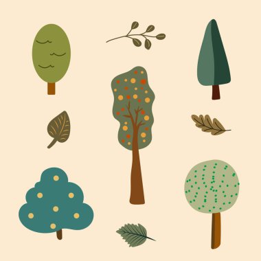 Ağaçlar, çizgi film elementleri. Düz botanik seti