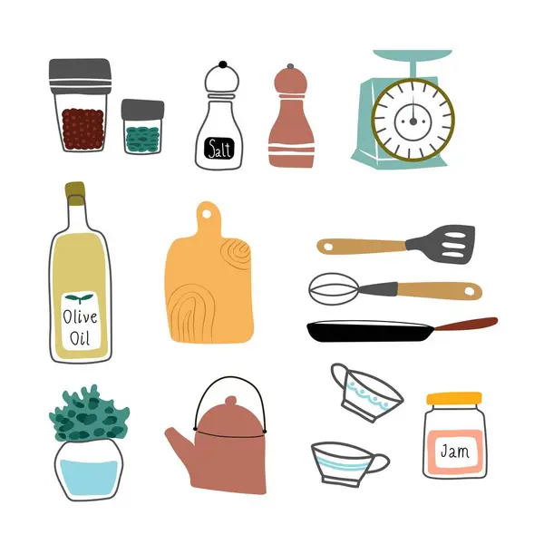 Basit mutfak elementleri seti. Tatlı fincanlar, kavanoz ve çaydanlık..