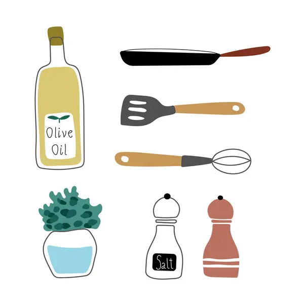 Sıcak mutfak malzemeleri, tuz ve biber, tava, otlar, spatula..