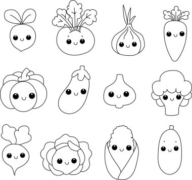 Kawaii tarzında sebzeler. 12 sebze.