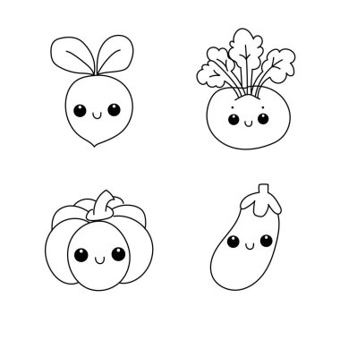 Sebze seti. Turp, domates, balkabağı ve patlıcan..