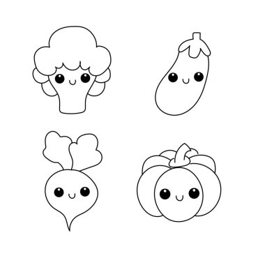 Şirin yüzlü karalama sebzeleri. Brokoli, patlıcan, balkabağı ve turp..