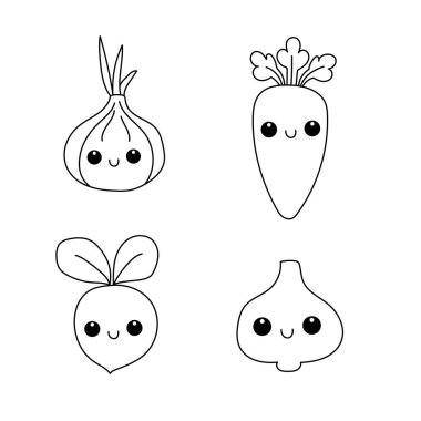 Şirin yüzlü karalama sebzeleri. Soğan, havuç, pancar ve sarımsak..