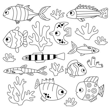 Çizgi film karalama seti. Kırtasiye için güzel balık seti, boyama kitabı.
