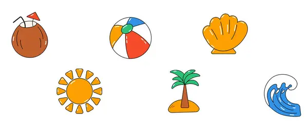 Palmiye, güneş, top ve dalgalı karikatür setleri