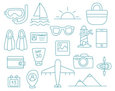 Seyahat elemanları ile mavi karalama seti