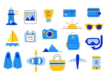 Seyahat ögeleri kümesi, el çizimi vektör.