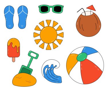 Güneş, kum, dalga, güneş gözlüğü ve hindistan cevizi içeren yaz elementleri