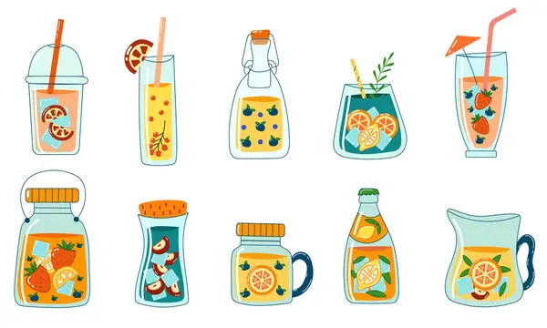 İçinde meyve ve buz olan limonata şişeleri ve kuyruk salatası..