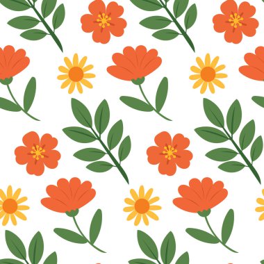 Kırmızı çiçekli kusursuz çiçek deseni ve bir sarı çiçek deseni, yaz çiçeği deseni, vektör düz stili, kumaş, tekstil, ambalaj kağıdı, duvar kağıdı, sevimli çiçek arkaplanı