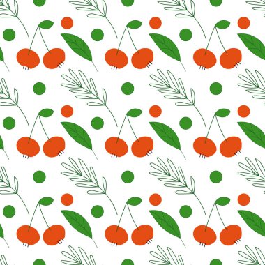 İlkbahar veya yaz tasarımları, tekstil ve besinlerle ilgili ürünler için ideal kiraz ve yemyeşil yapraklardan oluşan taze ve canlı bir desen.