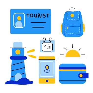 Turizm simgeleri seti, düz vektör biçimi, seyahat gereksinimleri, sırt çantası, deniz feneri, takvim, mobil harita, cüzdan, yaz tatili, macera simgeleri, UI tasarımı, seyahat planlaması, bilgi grafiği