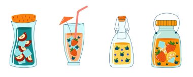 Renkli limonatalarla dolu bir kavanoz koleksiyonu. Her birinde eğlenceli ve canlı bir yaz içeceği için farklı meyveler var..