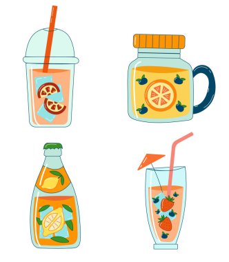 Limonata Kavanozları ve Kokteyl Bardakları Yaz Citrus ve Çilekli, Yaz Partileri İçin İçecek Koleksiyonu, Plaj Etkinlikleri ve Tropikal İçecek Tasarımları