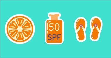 Yazlık SPF, Flip Flops, ve Orange, Plaj için Tatil Esasları, Güneş Koruma ve Tropikal Kaçış Tasarımları