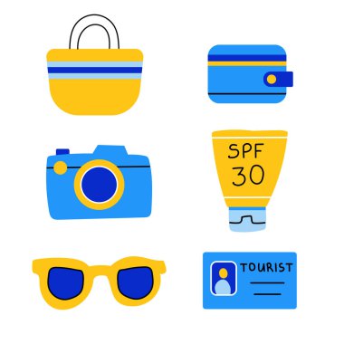 Kamera, cüzdan, güneş kremi ile seyahat seti.