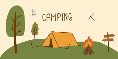 Yürüyüş için bir takım elementler. Kamp ateşi kuruldu..