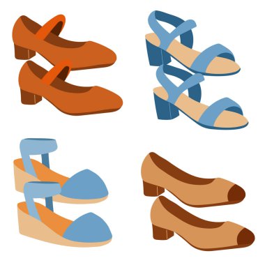 Klasik kadın ayakkabıları seti. Mavi ve kahverengi renkler.