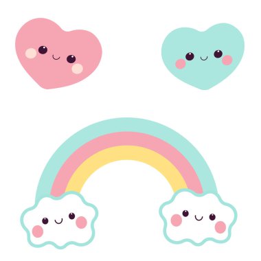 Şirin kawaii gökkuşağı ve kalpler. Cinsiyet belirleme partisi.