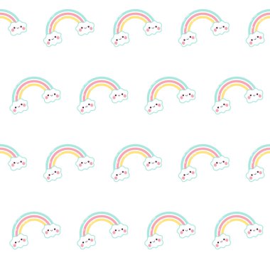 Şirin kawaii gökkuşağıyla kusursuz bir desen. Bulutlar ve gökkuşağı deseni.
