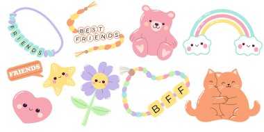 Arkadaşlık günü şirin elementlerle ayarlandı. Bilezikler ve oyuncak ayı..