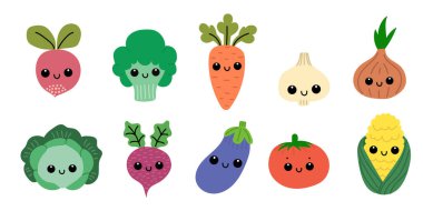 Bir set kawaii sebzesi. Sevimli karakterler