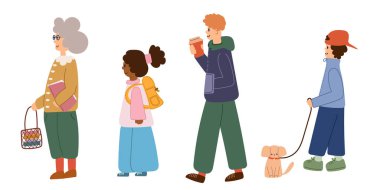 Bir grup sevimli insan karakteri. Farklı yaş ve milliyet