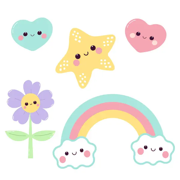 Şirin kawaii gökkuşağı, kalp ve çiçek renginde