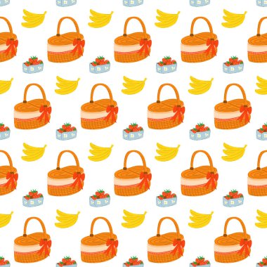 Piknik sepeti beyaz arka planda meyveleri olan pürüzsüz desen.