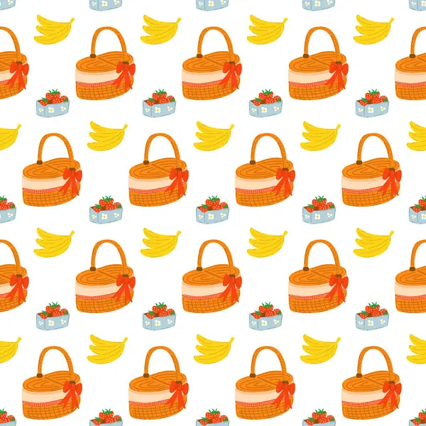 Piknik sepeti beyaz arka planda meyveleri olan pürüzsüz desen.