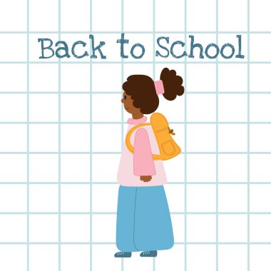 Mavi şebeke geçmişi olan sevimli bir kız. Okula dönüş afişi..