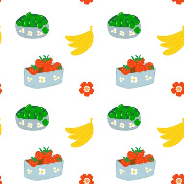 Taze meyveli kusursuz desen. Çilek, üzüm, muz deseni.